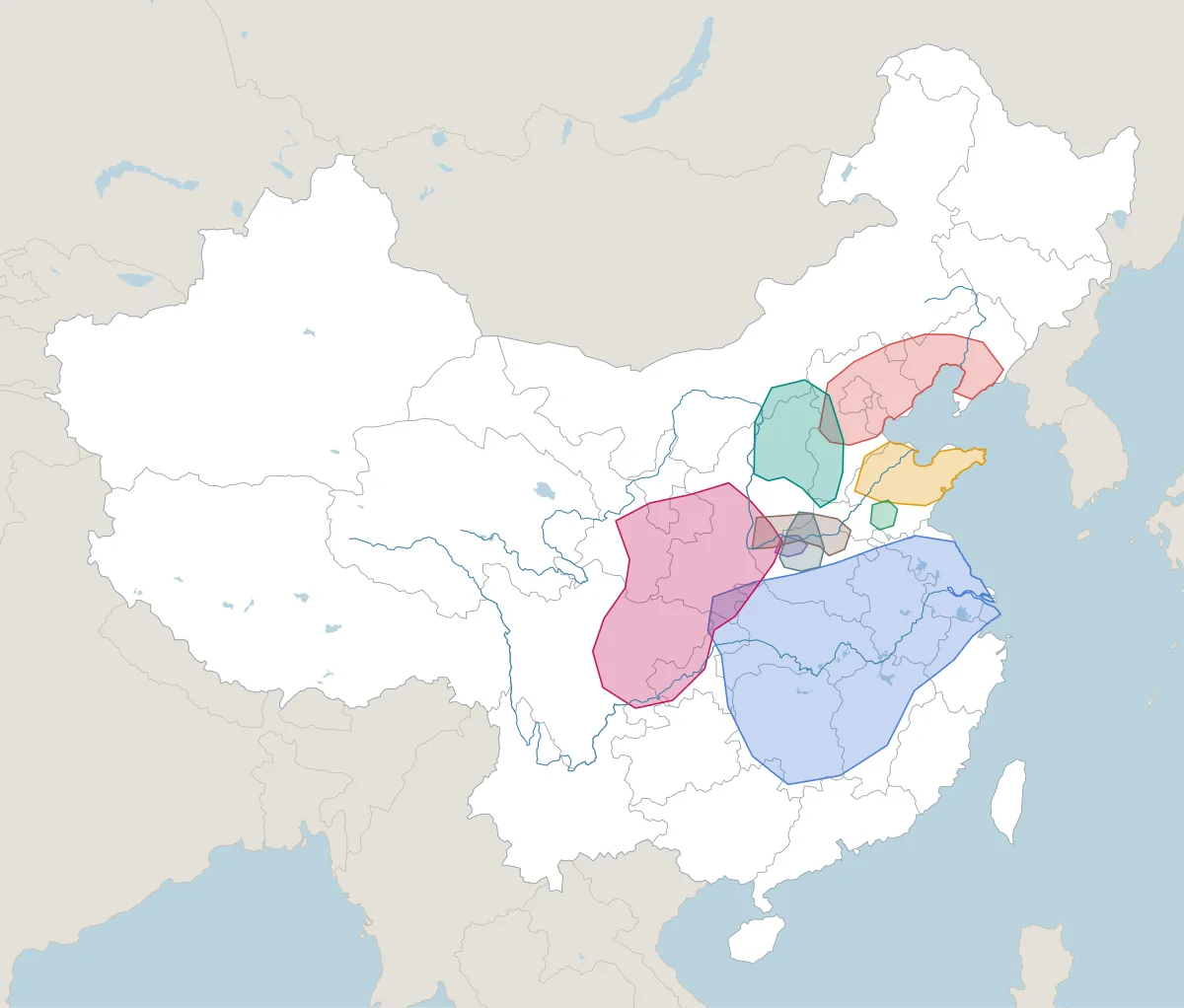 前300年ごろの中国。並び立っていた王朝・政権の範囲を色分けした地図