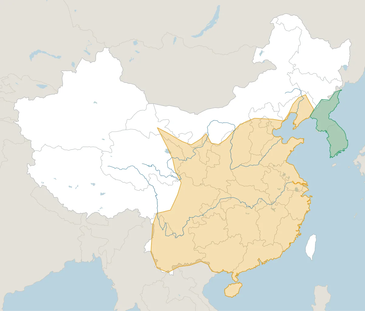 1500年ごろの中国。並び立っていた王朝・政権の範囲を色分けした地図