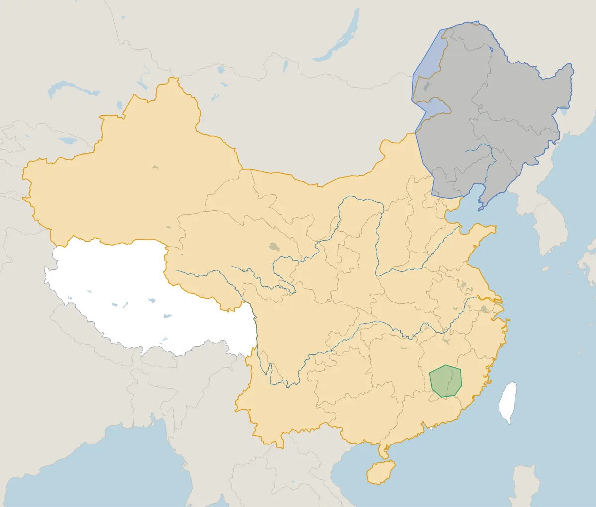 1935年ごろの中国。並び立っていた王朝・政権の範囲を色分けした地図
