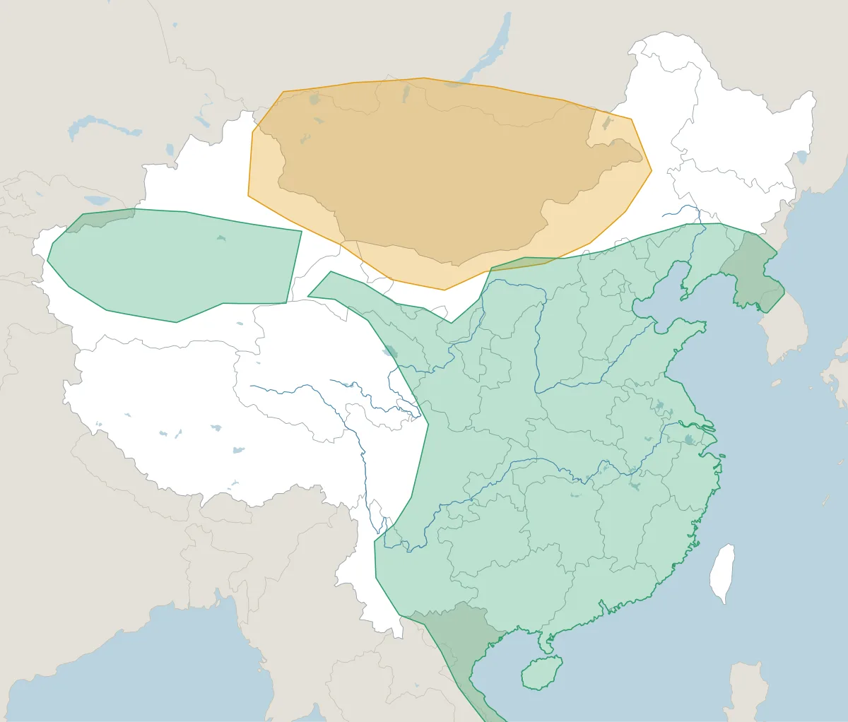 前100年ごろの中国。並び立っていた王朝・政権の範囲を色分けした地図
