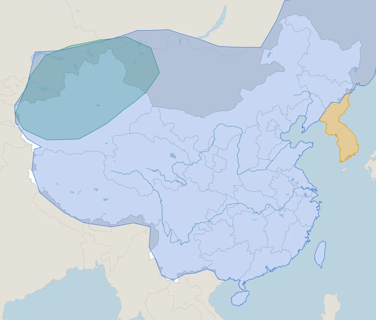 1750年ごろの中国。並び立っていた王朝・政権の範囲を色分けした地図