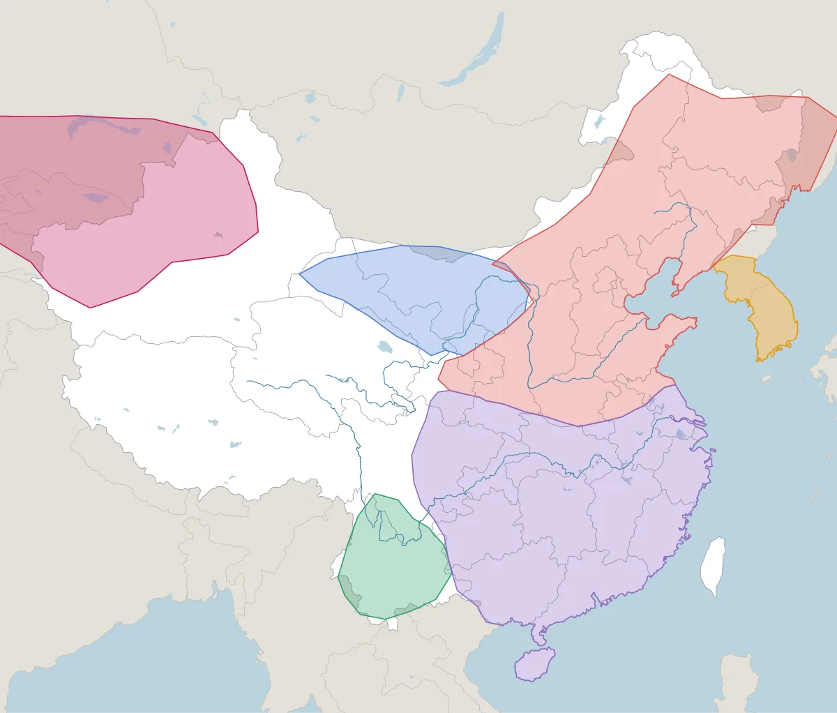 1142年ごろの中国。並び立っていた王朝・政権の範囲を色分けした地図