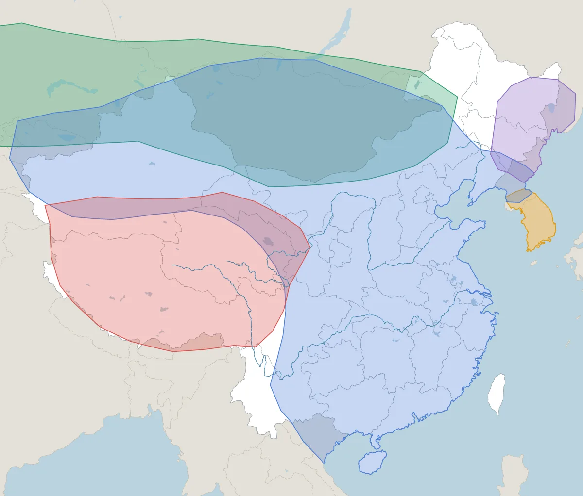 700年ごろの中国。並び立っていた王朝・政権の範囲を色分けした地図