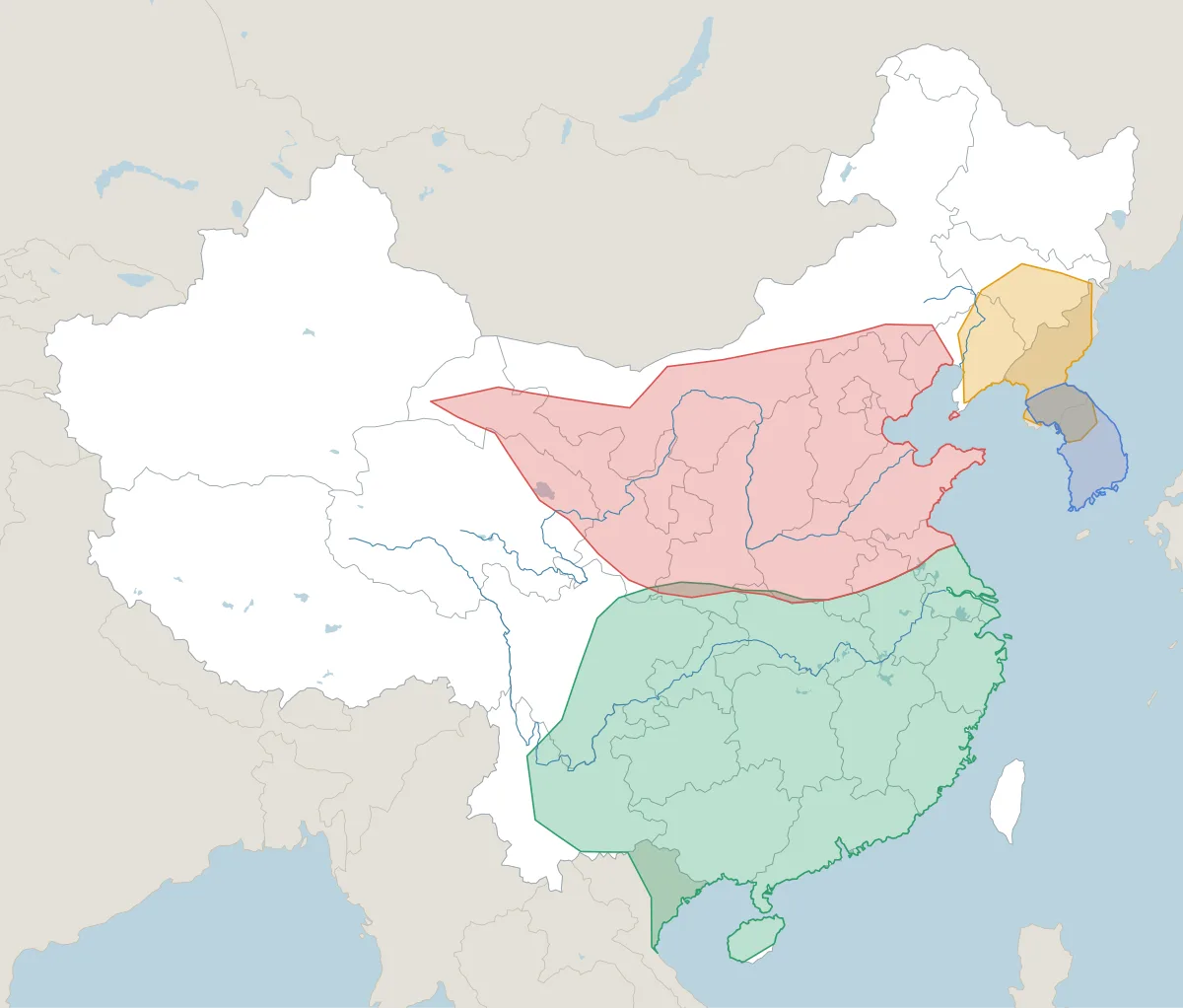 400年ごろの中国。並び立っていた王朝・政権の範囲を色分けした地図