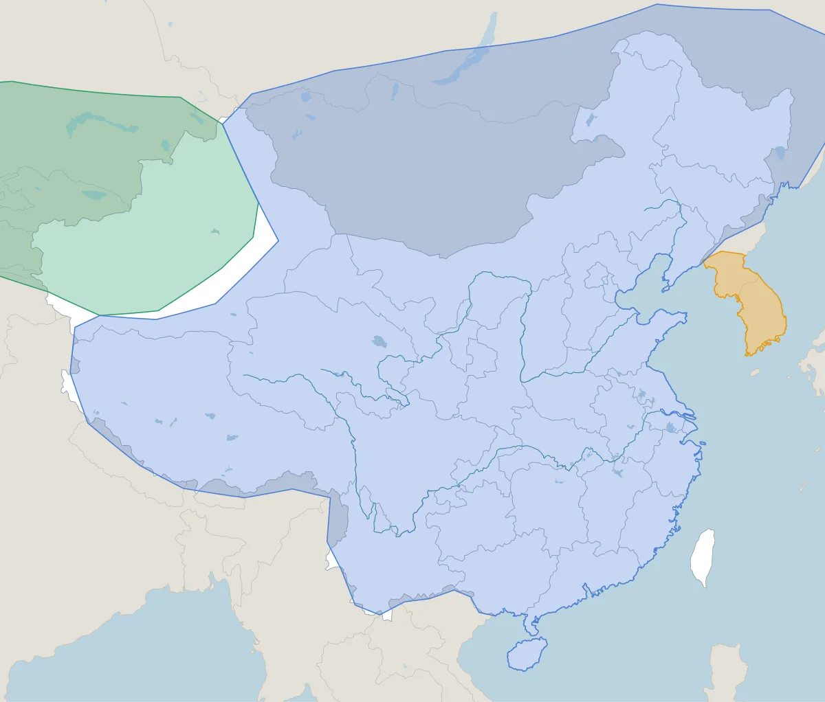 1300年ごろの中国。並び立っていた王朝・政権の範囲を色分けした地図